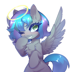 Size: 2500x2500 | Tagged: artist needed, safe, alternate version, derpibooru import, oc, oc only, oc:virtuous hope, pegasus, pony, bipedal, chest fluff, female, fluffy, halo, looking at you, mischievous, one eye closed, pegasus oc, simple background, smiling, smiling at you, smug, solo, spread wings, transparent background, wings, wink, winking at you