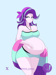 Size: 3000x4000 | Tagged: safe, artist:diamondgreenanimat0, derpibooru import, starlight glimmer, human, equestria girls, belly, belly button, big belly, bikini, bra, breasts, clothes, female, half body, hand on belly, hips, huge belly, humanized, hyper, hyper belly, hyper pregnancy, impossibly large belly, outie belly button, preglight glimmer, pregnant, purple eyes, purple hair, simple background, starlight jiggler, swimsuit, towel, underwear