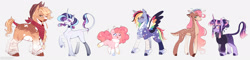 Size: 2048x488 | Tagged: safe, artist:purplesound, artist:soundwavepie, derpibooru import, applejack, fluttershy, pinkie pie, rainbow dash, rarity, twilight sparkle, unicorn twilight, classical unicorn, deer, earth pony, pegasus, pony, unicorn, g4, bandage, bandaid, bandaid on nose, bandana, blaze (coat marking), braid, braided tail, chest fluff, choker, clothes, cloven hooves, coat markings, collar, colored hooves, cowboy hat, curved horn, deerified, doe, ear piercing, earring, eyebrow piercing, eyeshadow, facial markings, facial scar, female, fetlock tuft, floral head wreath, flower, flutterdeer, glasses, hat, hooves, horn, jewelry, leonine tail, lipstick, looking at you, makeup, mane six, mare, multicolored hooves, neck fluff, one eye closed, pale belly, piercing, race swap, redesign, redraw, scar, simple background, smiling, smol, socks (coat marking), species swap, straw in mouth, sweater, tail, tail wrap, turtleneck, unshorn fetlocks, white background, wink