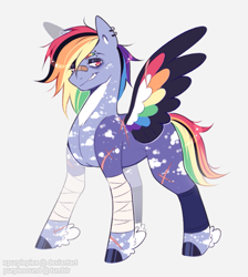 Size: 789x879 | Tagged: safe, artist:purplesound, artist:soundwavepie, derpibooru import, rainbow dash, pegasus, pony, g4, bandage, bandaid, bandaid on nose, coat markings, colored hooves, colored wings, ear piercing, earring, eyebrow piercing, feathered fetlocks, female, grin, hooves, jewelry, mare, multicolored wings, piercing, redesign, redraw, scar, simple background, smiling, solo, spread wings, tail, white background, wings