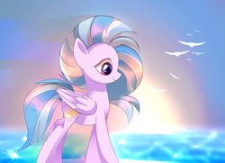 Size: 2475x1788 | Tagged: artist needed, safe, derpibooru exclusive, derpibooru import, silverstream, pegasus, pony, female, ponified, reflection, solo, species swap, sunrise