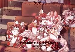 Size: 2200x1529 | Tagged: safe, artist:qamar, derpibooru import, oc, oc only, earth pony, pegasus, pony, clothes, duo, female, food, headdress, ice cream, jewelry, lesbian, oc x oc, peytral, plushie, shipping, skirt, strawberry, theater