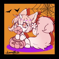 Size: 800x800 | Tagged: safe, artist:qamar, derpibooru import, oc, oc only, bat, pony, unicorn, bow, female, hair bow, halloween, holiday, jack-o-lantern, mare, pumpkin, sitting, solo, spider web