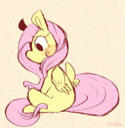 Size: 547x560 | Tagged: safe, artist:urbanqhoul, derpibooru import, fluttershy, pegasus, pony, animated, blushing, cute, female, gif, looking around, looking back, loop, mare, missing cutie mark, shyabetes, sitting, solo, wing twitch, wings