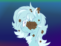 Size: 1333x1000 | Tagged: safe, artist:thedangbooper, derpibooru import, oc, oc only, oc:snowdin falls, pony, blind, female, flower, flower in hair, gradient background, hanahaki disease, looking at you, messy mane, solo, teary eyes, teenager, x eyes