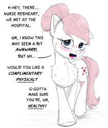 Size: 1850x2192 | Tagged: safe, artist:chopsticks, derpibooru import, nurse redheart, pony, g4, awkward, blushing, cheek fluff, chest fluff, cute, dialogue, ears, female, flirting, floppy ears, front view, hair bun, heartabetes, mare, offscreen character, one ear down, open mouth, raised hoof, raised leg, simple background, sketch, solo, talking to viewer, text, unshorn fetlocks, white background