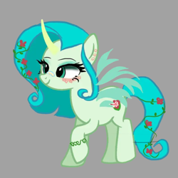 Size: 2048x2048 | Tagged: safe, derpibooru import, oc, oc only, oc:garden star, alicorn, pony, alicorn oc, bandaid, bandaid on nose, bracelet, colored horn, curved horn, ear piercing, earring, eyeshadow, female, flower, flower in hair, flower in tail, gray background, green eyeshadow, horn, horns, jewelry, makeup, mare, piercing, raised hoof, raised leg, simple background, smiling, solo, tail, transparent wings, wings