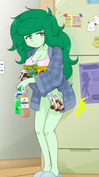 Size: 1711x3046 | Tagged: safe, artist:batipin, derpibooru import, wallflower blush, equestria girls, 2d, breasts, busty wallflower blush, chips, cleavage, clothes, coat, drink, eyebrows, eyebrows visible through hair, female, food, freckles, indoors, kitchen, legs, messy hair, panties, pocky, refrigerator, shirt, slippers, snacks, solo, sprite (drink), striped underwear, underwear