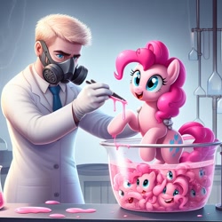 Size: 1024x1024 | Tagged: safe, ai content, derpibooru import, generator:dall-e 3, machine learning generated, pinkie pie, earth pony, goo, human, pony, clothes, cursed image, female, gas mask, gloves, holding a pony, human male, lab coat, laboratory, male, mare, mask, open mouth, open smile, prompter needed, science, scientist, smiling, wat, what has science done, wrong cutie mark