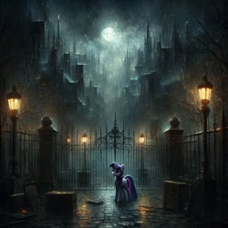 Size: 1024x1024 | Tagged: safe, ai content, derpibooru import, generator:dall-e 3, machine learning generated, twilight sparkle, twilight sparkle (alicorn), alicorn, pony, building, city, cityscape, clothes, dark background, female, full moon, gate, mare, moon, night, overcast, prompter needed, rain, road, solo, streetlight, tree