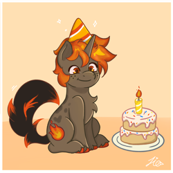 Size: 3072x3072 | Tagged: safe, artist:duckyia, derpibooru import, oc, oc only, pony, unicorn, birthday, cake, candle, chest fluff, cutie mark, fire, food, hat, hoof fluff, male, orange eyes, sitting, smiling, solo, stallion, tail, tail wag