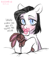 Size: 2137x2601 | Tagged: safe, artist:bloodymrr, derpibooru import, oc, earth pony, pony, rabbit, abdl, animal, big eyes, black hair, blanket, blue eyes, blushing, cut, cute, half body, light skin, monologue, pacifier, plushie, scar, short hair, simple background, slit eyes, snake eyes, solo, talking, text, toy, white background