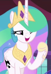 Size: 960x1384 | Tagged: safe, derpibooru import, screencap, princess celestia, a royal problem, cropped, raised hoof, raised leg, solo, swapped cutie marks