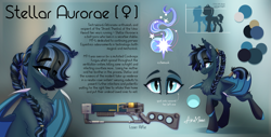 Size: 3163x1604 | Tagged: safe, artist:alrumoon_art, derpibooru import, oc, oc only, oc:stellar aurorae, bat pony, pony, fallout equestria, female, high res, laser rifle, reference sheet, shy, weapon, wings