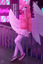 Size: 2326x3488 | Tagged: safe, artist:elektra-gertly, derpibooru import, oc, oc only, oc:ellie berryheart, anthro, pegasus, black eyeshadow, bridge, bubblegum, city, clothes, cute, eyeshadow, female, food, green eyes, gum, headphones, hoodie, large wings, long ears, long eyelashes, love, makeup, miniskirt, music, neon, night, ocbetes, shoes, skirt, sneakers, solo, wings