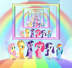 Size: 600x570 | Tagged: artist needed, safe, derpibooru import, applejack, fluttershy, pinkie pie, rainbow dash, rarity, twilight sparkle, twilight sparkle (alicorn), alicorn, all bottled up, best friends until the end of time, droste effect, female, mane six, mare, rainbow, recursion