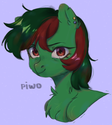 Size: 1787x1983 | Tagged: safe, artist:piwo, derpibooru import, oc, oc only, earth pony, pony, bust, colored, cute, ear piercing, earring, eyelashes, fluffy, gift art, green hair, green skin, jewelry, looking at you, piercing, portrait, red eyes, red hair, simple background, smiling, smiling at you, torn ear