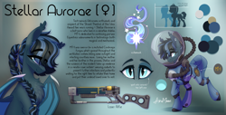 Size: 3163x1604 | Tagged: safe, alternate version, artist:alrumoon_art, derpibooru import, oc, oc only, oc:stellar aurorae, bat pony, pony, fallout equestria, female, high res, laser rifle, radiation suit, reference sheet, shy, weapon, wings