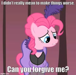 Size: 510x500 | Tagged: safe, derpibooru import, edit, edited screencap, screencap, pinkie pie, over a barrel, bronybait, caption, clothes, cropped, dress, forgiveness, image macro, imgflip, impact font, saloon dress, saloon pinkie, text