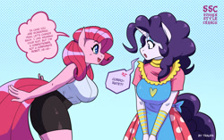 Size: 1666x1049 | Tagged: safe, artist:traupa, derpibooru import, pinkie pie, rarity, anthro, earth pony, unicorn, accessory swap, alternate hairstyle, anime style, blushing, breasts, clothes, clothes swap, dialogue, duo, female, mane swap, personality swap, pinkie pie hair, pinkie pies, raritits, rarity hair, redraw, role reversal, sudden style change