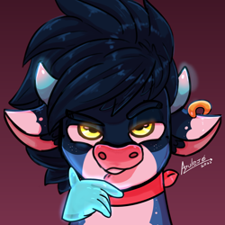 Size: 2000x2000 | Tagged: safe, artist:azulejo, derpibooru import, oc, oc:azulejo, oc:blue bandit, bovine, ear piercing, earring, glowing, glowing eyes, glowing horn, horn, jewelry, looking at you, male, piercing, profile picture, redesign, simple background