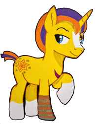 Size: 2953x3794 | Tagged: safe, artist:magicnova, derpibooru exclusive, derpibooru import, oc, oc:starfire blaze, pony, unicorn, 2024 community collab, amputee, blaze (coat marking), coat markings, derpibooru community collaboration, eye scar, eyebrows, facial markings, facial scar, male, prosthetic leg, prosthetic limb, prosthetics, raised eyebrow, scar, simple background, socks (coat marking), solo, stallion, traditional art, transparent background