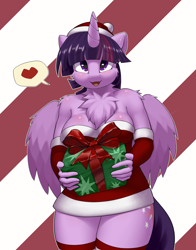 Size: 2750x3500 | Tagged: safe, artist:iloota, derpibooru import, twilight sparkle, twilight sparkle (alicorn), alicorn, anthro, cheek fluff, chest fluff, christmas, clothes, costume, female, heart, holding, holiday, looking at you, open mouth, present, santa costume, shoulder fluff, simple background, smiling, solo, speech bubble, striped background, thighs, thunder thighs