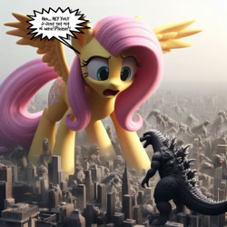 Size: 1400x1400 | Tagged: safe, ai content, derpibooru import, editor:giantpony, generator:bing image creator, machine learning assisted, machine learning generated, fluttershy, kaiju, pegasus, pony, crossover, female, giant pony, giantess, giantshy, godzilla, godzilla (series), height difference, larger female, macro, macro/micro, male, phraseit, scared, shocked, shocked expression, size difference, smaller male, unsure