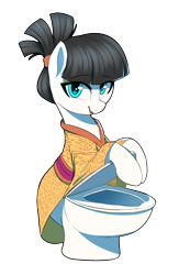 Size: 1300x2000 | Tagged: safe, artist:thebatfang, derpibooru import, oc, oc:tsu nami, original species, pony, toilet pony, but why, looking at you, simple background, smiling, solo, toilet, transparent background, wat