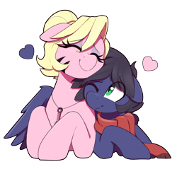 Size: 2400x2299 | Tagged: safe, artist:thebatfang, derpibooru import, oc, oc only, oc:fenris ebonyglow, oc:kara waypoint, earth pony, pegasus, pony, clothes, eyes closed, eyeshadow, fangs, heart, hug, jewelry, makeup, necklace, one eye closed, scarf, simple background, snuggling, transparent background, winghug, wings