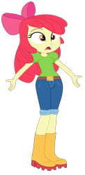 Size: 1900x3885 | Tagged: safe, artist:gmaplay, derpibooru import, screencap, apple bloom, human, better together, equestria girls, holidays unwrapped, :|, apple bloom's bow, belt, boots, bow, clothes, crossed arms, denim, gloves, hair bow, jeans, motorcross, pants, red hair, shirt, shoes, simple background, solo, t-shirt, tangelo eyes, the cider louse fools, transparent background, yellow skin
