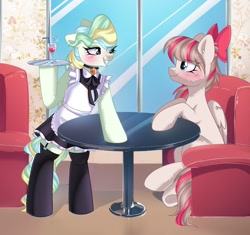 Size: 1746x1638 | Tagged: safe, artist:freyamilk, derpibooru import, angel wings, vapor trail, pegasus, pony, bell, bell collar, clothes, collar, drink, drinking straw, duo, duo female, female, maid, mare, table