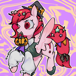 Size: 2560x2560 | Tagged: safe, artist:metaruscarlet, derpibooru import, oc, oc only, oc:metaru scarlet, pegasus, pony, abstract background, accessory, clothes, costume, halloween, halloween costume, hat, holiday, one eye closed, pegasus oc, pumpkin, pumpkin bucket, ribbon, solo, wings, wink, witch hat