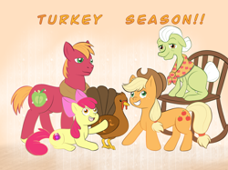 Size: 2732x2048 | Tagged: safe, artist:burnttoastandbutter, derpibooru import, apple bloom, applejack, big macintosh, granny smith, bird, earth pony, pony, apple family, female, holiday, male, mare, rocking chair, stallion, text, thanksgiving, turkey