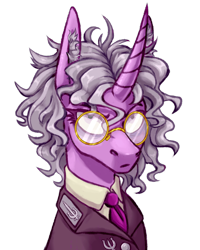 Size: 1200x1500 | Tagged: safe, artist:mr.catfish, derpibooru import, pony, unicorn, equestria at war mod, clothes, curly hair, ear fluff, ears, eaw redux, eleanor laimova, female, frown, glasses, gray mane, horn, long ears, looking at you, necktie, pink eyes, purple wool, serious, serious face, sharp horn, simple background, solo, transparent background