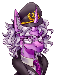 Size: 1200x1500 | Tagged: safe, artist:mr.catfish, derpibooru import, pony, unicorn, equestria at war mod, clothes, curly hair, ear fluff, ears, eaw redux, eleanor laimova, female, frown, glasses, gray mane, horn, long ears, looking at you, military uniform, necktie, pink eyes, purple wool, serious, serious face, sharp horn, simple background, solo, transparent background, uniform