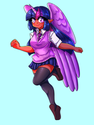 Size: 2100x2801 | Tagged: safe, artist:mylittleyuri, derpibooru import, twilight sparkle, twilight sparkle (alicorn), alicorn, human, blue background, breasts, clothes, elf ears, eyebrows, eyebrows visible through hair, female, headlight sparkle, horn, horned humanization, humanized, looking at you, moderate dark skin, schoolgirl, simple background, skirt, smiling, smiling at you, socks, solo, stockings, sweater vest, thigh highs, winged humanization, wings, zettai ryouiki