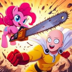 Size: 1024x1024 | Tagged: safe, ai content, derpibooru import, machine learning generated, pinkie pie, human, pony, anime, chainsaw, crossover, duo, female, male, one punch man, open mouth, open smile, prompter:meshari7, saitama, smiling