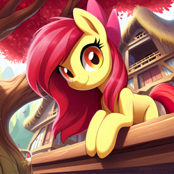 Size: 1280x1280 | Tagged: safe, ai content, derpibooru import, generator:bing image creator, machine learning generated, apple bloom, earth pony, pony, cute, daaaaaaaaaaaw, day, daytime, deviantart, female, fuchsia mane, golden eyes, house, jpg, looking at you, mare, no cutie marks yet, prompter:ponaiart, red leaf, sky, smiling, solo, tree, yellow skin