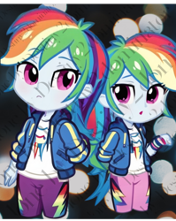 Size: 828x1040 | Tagged: safe, ai content, derpibooru import, machine learning generated, rainbow dash, human, equestria girls, chibi, cute, dashabetes, double rainbow, female, obtrusive watermark, prompter:destiny2dominator, watermark, younger