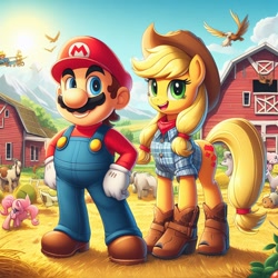 Size: 1024x1024 | Tagged: safe, ai content, artist:user15432, derpibooru import, generator:bing image creator, machine learning generated, applejack, earth pony, human, pony, alternate cutie mark, animal, barn, boots, clothes, cowboy boots, cowboy hat, crossover, farm, farm animals, farmer, hand on hip, hat, looking at you, mario, open mouth, open smile, shoes, smiling, super mario bros.