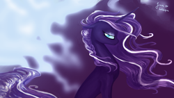 Size: 1920x1080 | Tagged: safe, artist:lesque, derpibooru import, nightmare rarity, pony, unicorn, g4, blue eyes, concave belly, curly hair, curly mane, depressed, digital art, ethereal mane, ethereal tail, eyeshadow, female, flowing mane, flowing tail, gift art, horn, lonely, long horn, long mane, long tail, looking at you, makeup, mare, purple mane, purple tail, sad, signature, sitting, slim, solo, tail, thin, windswept mane, windswept tail