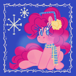 Size: 550x550 | Tagged: safe, artist:hidoodlee, derpibooru import, pinkie pie, earth pony, pony, g4, clothes, earmuffs, female, scarf, snow, snowflake, solo, winter