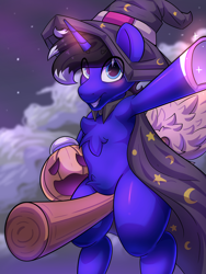 Size: 3000x4000 | Tagged: safe, artist:nanazdina, derpibooru import, oc, oc:night reader, bat pony, pony, unicorn, belly, belly fluff, broom, chest fluff, flying, flying broomstick, halloween, hat, holiday, misleading thumbnail, not a penis, pumpkin, solo, witch hat