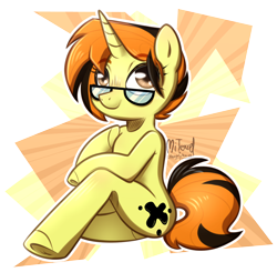 Size: 2820x2768 | Tagged: safe, artist:mitexcel, derpibooru import, oc, oc only, oc:merille artienda, semi-anthro, unicorn, anatomically incorrect, arm hooves, brown eyes, closed mouth, cute, glasses, incorrect leg anatomy, nonbinary, orange mane, orange tail, short mane, short tail, sitting, solo, tail, yellow coat