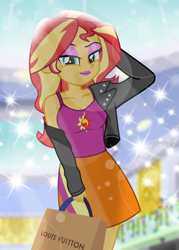 Size: 4944x6912 | Tagged: safe, artist:emeraldblast63, derpibooru import, sunset shimmer, human, equestria girls, g4, black friday, canterlot mall, clothes, eyeshadow, female, holiday, jacket, leather, leather jacket, lipstick, louis vuitton, makeup, shirt, shopping, skirt, smiling, solo