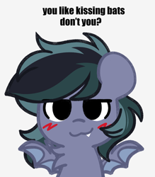 Size: 1576x1800 | Tagged: safe, artist:ninnydraws, derpibooru import, oc, oc only, oc:scrimmy, bat pony, pony, bat pony oc, bat wings, blushing, boykisser, fangs, looking at you, male, meme, simple background, smug, solo, text, white background, wings, you like kissing bats