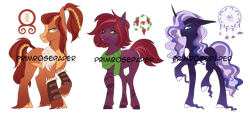 Size: 1280x581 | Tagged: safe, artist:primrosepaper, derpibooru import, oc, oc only, earth pony, pony, unicorn, bipedal, blaze (coat marking), braid, clothes, coat markings, colored hooves, ethereal mane, facial markings, female, gradient legs, green sclera, long feather, magical lesbian spawn, mare, mealy mouth (coat marking), obtrusive watermark, offspring, pale belly, parent:cheerilee, parent:nightmare applejack, parent:nightmare rarity, parent:princess luna, parent:rockhoof, ponytail, raised hoof, raised leg, rrio, scarf, simple background, slit eyes, standing, starry mane, stripes, transparent background, trio, unshorn fetlocks, watermark
