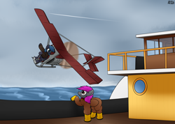 Size: 3600x2556 | Tagged: safe, artist:the-furry-railfan, derpibooru import, oc, oc only, oc:crash dive, oc:night strike, pegasus, clothes, cloud, cloudy, diving suit, flying, flying machine, galoshes, jacket, ocean, overcast, paddle tug, plane, ship, tugboat, water, waving