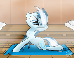 Size: 2000x1566 | Tagged: safe, artist:notadeliciouspotato, derpibooru import, oc, oc only, oc:serene dive, earth pony, female, mare, open mouth, open smile, sauna, signature, smiling, solo, steam, stretching, sweat, towel, yoga mat